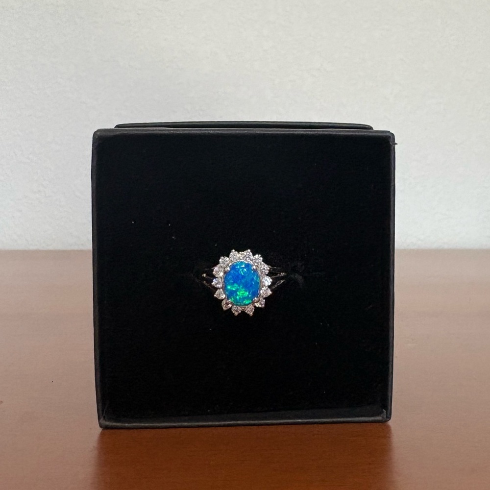 Blue Fire Opal Halo Cz Gemstone Ring